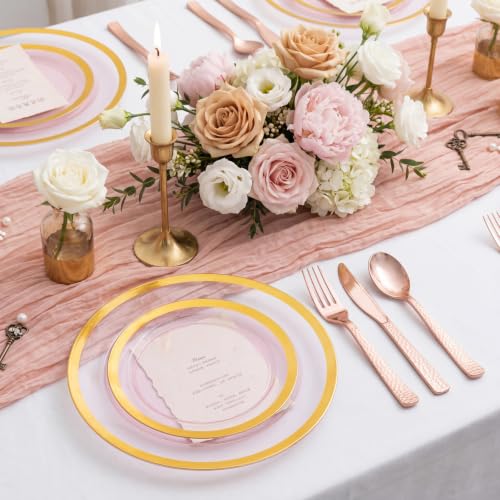 360PCS Rose Gold Plastic Silverware Set - Heavy Duty Disposable Cutlery (120 forks, 120 knives, 120 spoons) - Spherical Hammered Handle - Sku: 360PCS / Plastic Rose Gold Silverware