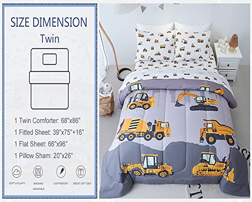 Twin Size Construction Trucks Comforter Set - 4-Piece Bed in a Bag for Boys - Truck Cars Design