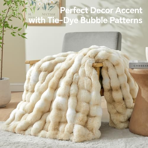 BEDELITE Tie-Dye Khaki Faux Fur Bubble Throw Blanket 50x60 for Couch & Home
