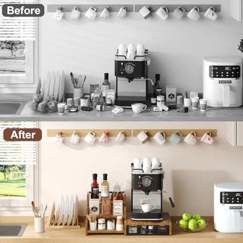 Coffee Station Organizer with K Cup Holder - Rustic Brown, 28 Pod Capacity, 3-Tier Syrup Rack