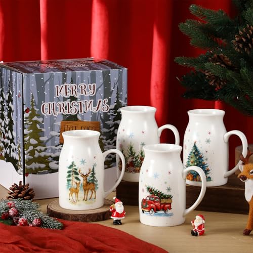 Hushee Watercolor Christmas Mug Set of 4 with Gift Box, 13.5 oz Holiday Tea Cups