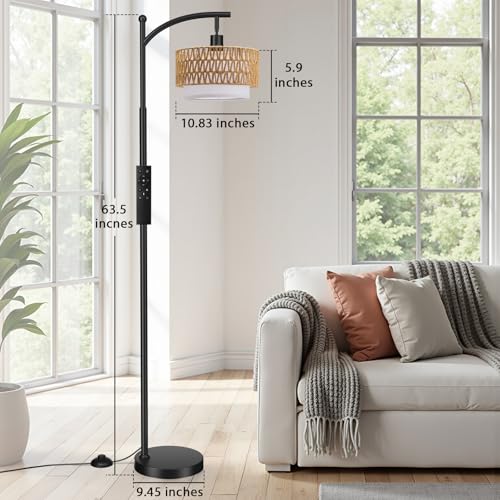 Ambimall Arc Floor Lamp with Remote & Rattan Double Shades - Black Rustic Variation