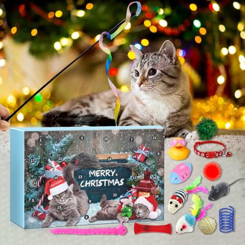 Blue 24 Days Christmas Cat Advent Calendar with Interactive Toys - Feline Holiday Gift