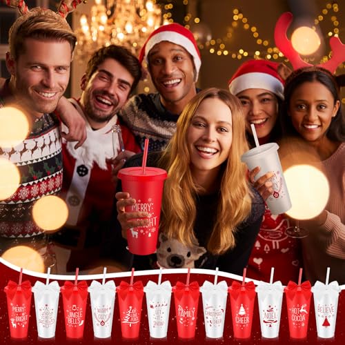 Potchen Reusable Christmas Plastic Cups with Straws & Lids 12 Pack - Red & White