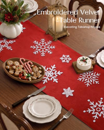 MuseHaus Winter Crimson 13x72 Velvet Embroidered Table Runner
