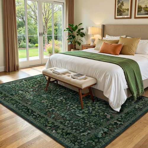 Green Woodland Floral Animal Rug 5x7 - Washable Low-Pile Area Rug for Living Room, Bedroom, Nursery - Non Slip