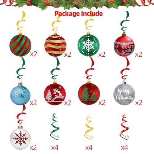30 Pcs Pre-Strung Christmas Hanging Swirl Decorations, Christmas Ball Hanging Foil Streamer, Christmas Home Party Outdoor Indoor Decor Christmas Tree Snowflake Reindeer Ceiling Party Supplies