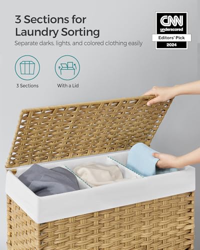 SONGMICS 140L Natural Synthetic Rattan Rolling Laundry Hamper with Lid & 3 Sections