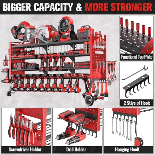 Red 49.8-inch Power Tool Organizer Wall Mount for 18 Cordless Drills - 4 Layers
