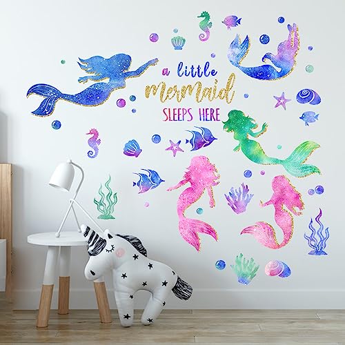 Yovkky Baby Girls Mermaid Wall Decals Stickers, Under The Sea Ocean Creatures Coastal Fish Bubble Glitter Nursery Kids Room Crib Decor, A Little Mermaid Sleeps Here Beach Home Decorations Bedroom Art