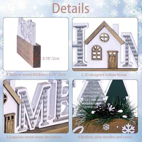 Wooden Christmas Sign Blocks, HOME for the Holiday Quote Table Decor, Xmas Centerpiece Block Sign with Snowflake & Pine Tree, Office Desk Mantle Decoration (BROWN)