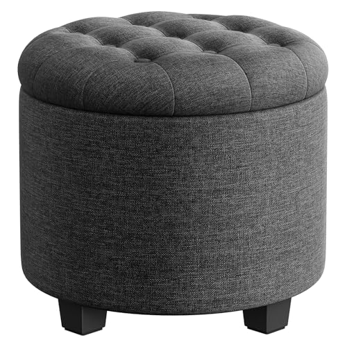 Round Storage Ottoman with Linen-Look Fabric - Dark Gray, 17.7 Inch
