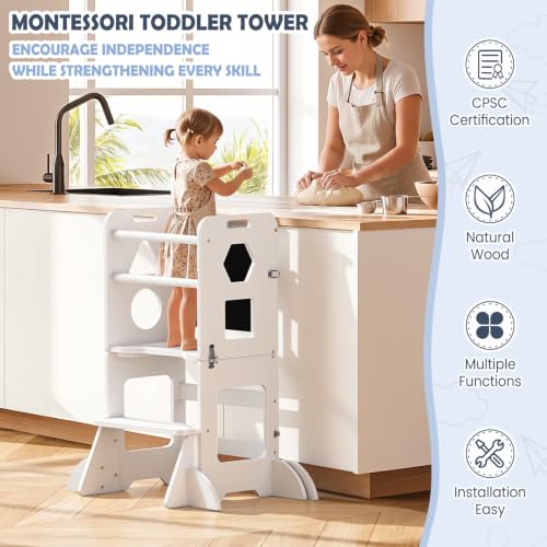 White Toddler Standing Tower with Blackboard & Safety Bar - Wooden Kitchen Helper