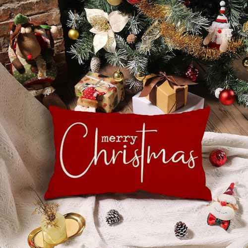 RABUSOFA Christmas Pillow Covers 12x20 Set of 2,Merry Christmas Believe Decoration Red Xmas Winter Holiday Lumbar Cushion Case for Home Sofa Couch