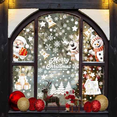 162 Pcs Christmas Window Clings - 9 Sheets White Snowman Reindeer Christmas Window Stickers, Reusable Double-Sided Printed for Home, Mall Glass, Cafe Xmas Decor