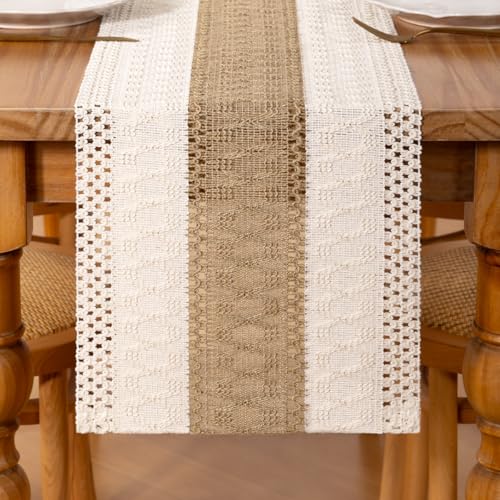 DeZerlor Ivory & Burlap Brown Farmhouse Table Runner 12x48 Inch Woven Dining Decor