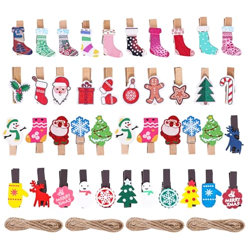 Christmas Wood Clips Set with Snowflake Santa Tree Designs & Jute Twine - Holiday Photo Hangers & Craft Decor