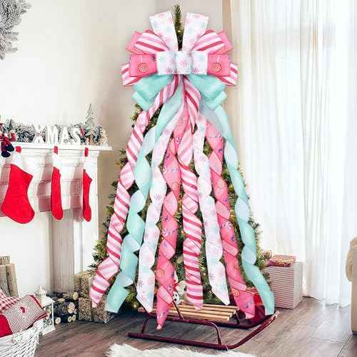 DIYDEC Pastel Christmas Tree Topper 43x13 Inches Large Christmas Tree Toppers Bows Pink Wreath Bow for Xmas Ornaments Party Holiday Home Wedding Decoration