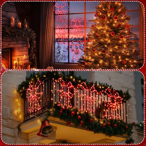 Riakrum 4 Pack Christmas Window Silhouette Lights with Bows - 80 Red LEDs, USB Powered, 8 Modes, Timer, Indoor Outdoor Holiday Decor