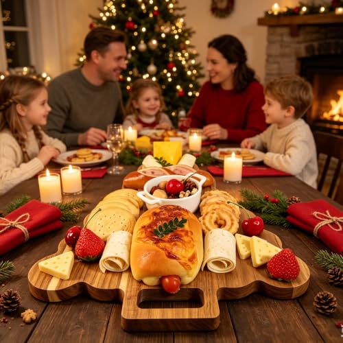 Christmas Tree Acacia Wood Serving & Cutting Board with Handle, Festive Cheese Platter