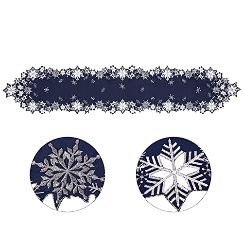 Simhomsen Embroidered Snowflakes Christmas Table Runner 14x69 Inches Navy Blue