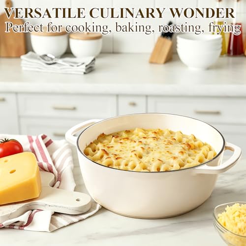 Wildone 6QT Enamel Cast Iron Dutch Oven with Lid - Cream White, Oven Safe 500°F