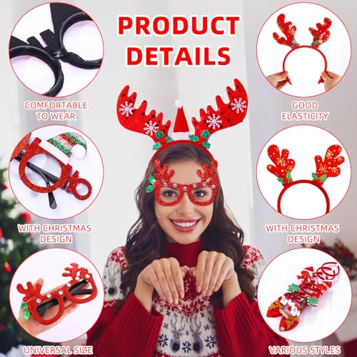 Christmas Headbands & Glasses Set - Holiday Costume Accessories for Parties