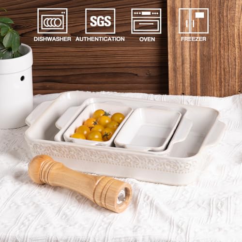 Sweejar Kiln-Change White Ceramic Bakeware Set of 4 – Rectangular Casserole Dishes with Handles