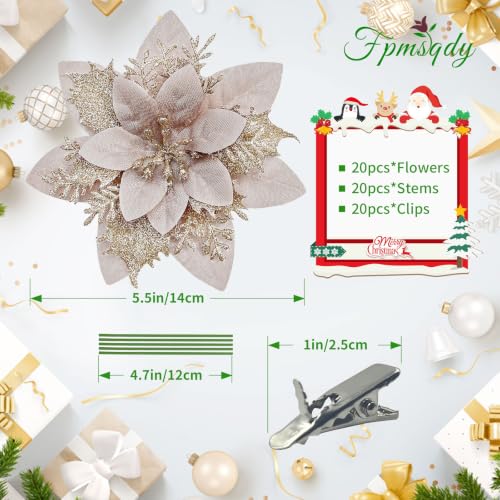 Christmas Flowers, Tree Flowers 20pcs Glitter Poinsettia Champagne