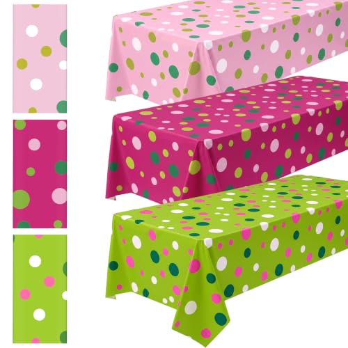 Oudain 3 Pcs Pink & Green Polka Dot Tablecloths 54 x 108 in – Disposable Plastic Event Covers