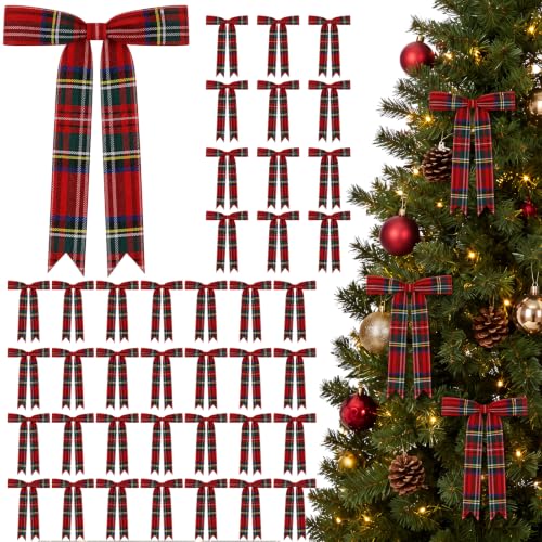 30 PCS Christmas Tartan Plaid Bow Decoration,Red