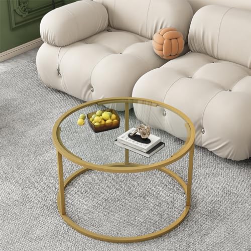 Glass Round Coffee Table - Clear 27-Inch Modern Center Table with Metal Frame