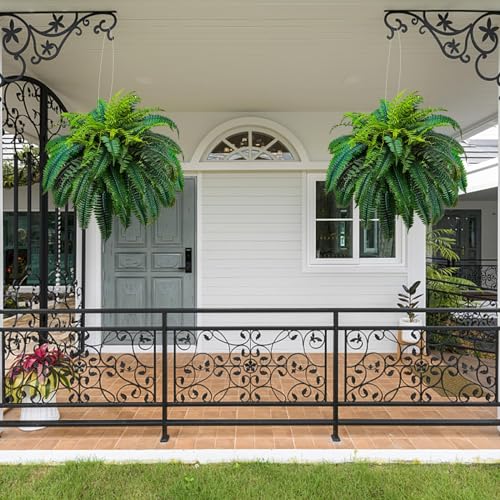 GYERB 2 Pack Artificial Boston Ferns Outdoor 48 Inch Fake Fern Plants with 88 Leaves - Realistic Faux Porch Garden Decor