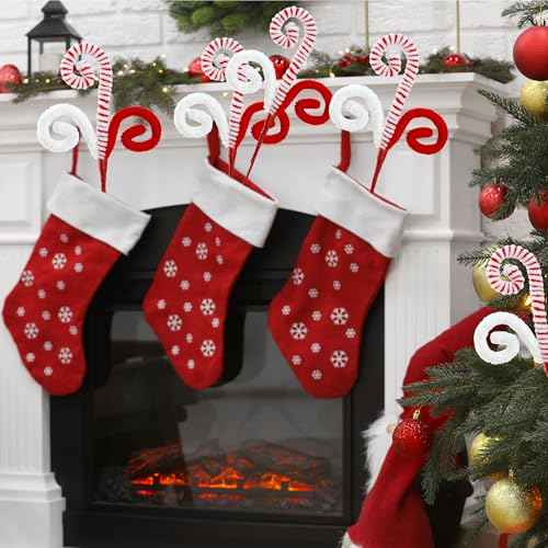Sggvecsy 6 Pcs Christmas Tree Decoration Woolen Bells Candy Cane Shape Picks Lollipop Curly Pick Ornaments Xmas Tree Topper for Vase Filler Home Office Decor (Red)
