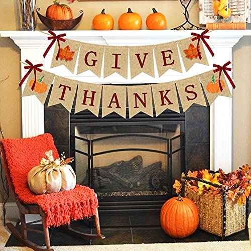Give Thanks Burlap Banners Thanksgiving Decorations | Rustic Turkey Pumpkin Burlap Garland | Thanksgiving Party Supplies - 2 Strings, NO DIY Fireplace Mantle Home Decoration