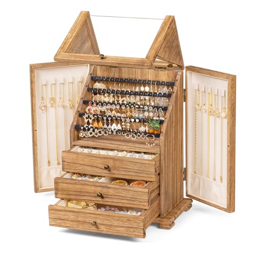 Wood Jewelry Box Organizer for Women - Rustic Brown, 96 Pairs Earring Display