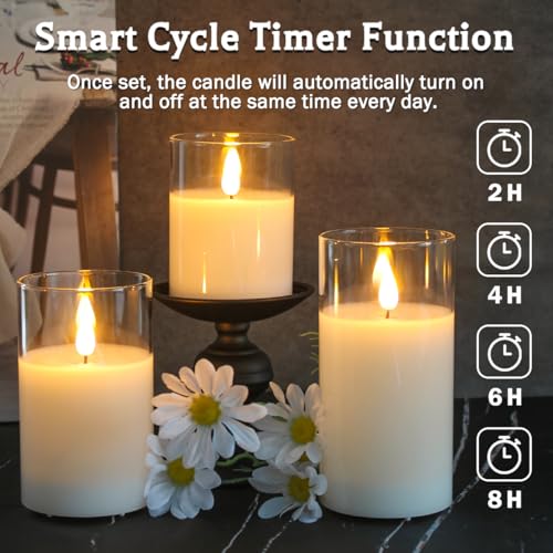 White Glass-Droplet Rechargeable Flickering Flameless Candles with Remote & Timer - Set of 3