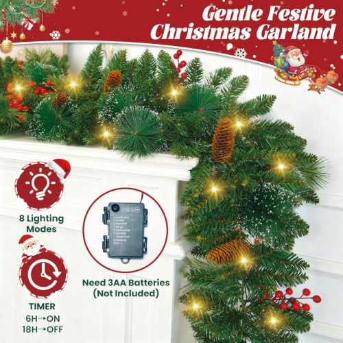 Dark Green 9FT Christmas Garland with Lights, Artificial Seasonal Decor with Cones & Berries