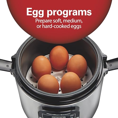 Hamilton Beach Black & Stainless Steel Programmable Rice Cooker & Food Steamer, 6 Cups Cooked, Egg & Slow Cook Functions