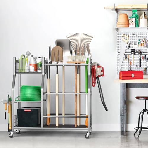 Large Garden Tool Organizer Stand with Wheels, Heavy Duty Steel Storage Rack