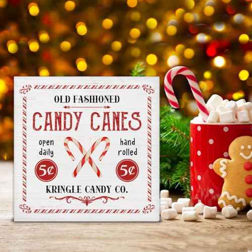 Farmhouse Christmas Decorations, Candy Canes Decor Sign, Christmas Wood Sign Winter Holiday Home Table Desk Decor (5 x 5 Inches)