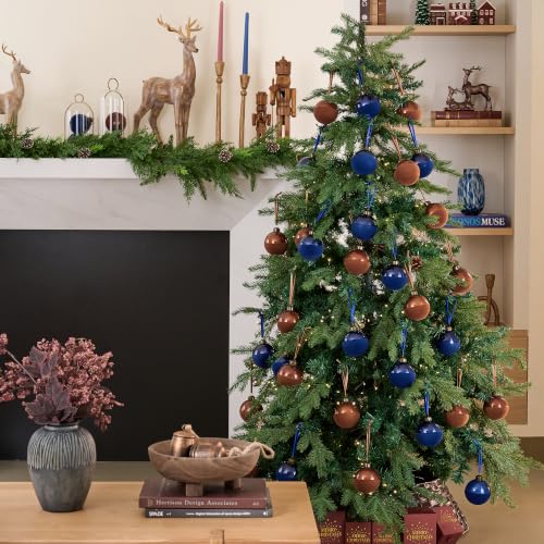 DN Deconation Blue 9-Piece Glass Christmas Ornament Set with Velvet Flock, Vintage Bronze Caps