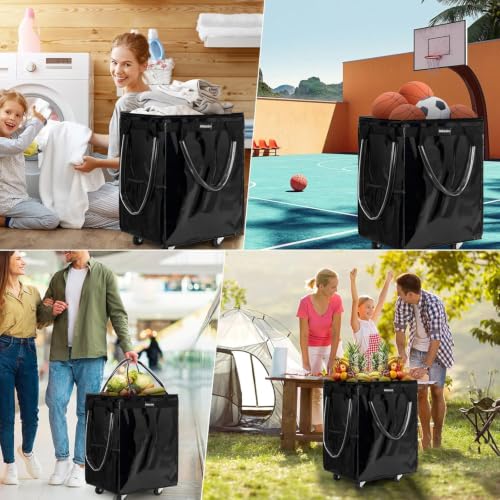 Large Black Reusable Grocery Bag with 5 Wheels Foldable Rolling Tote