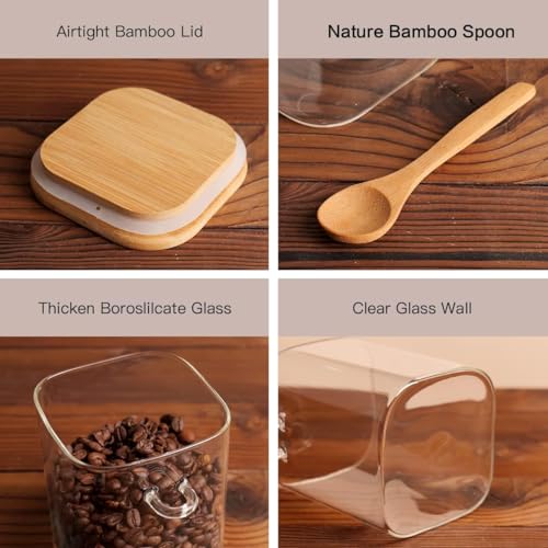 27 oz Square Glass Jar with Bamboo Lid & Spoon - Kitchen Pantry Storage