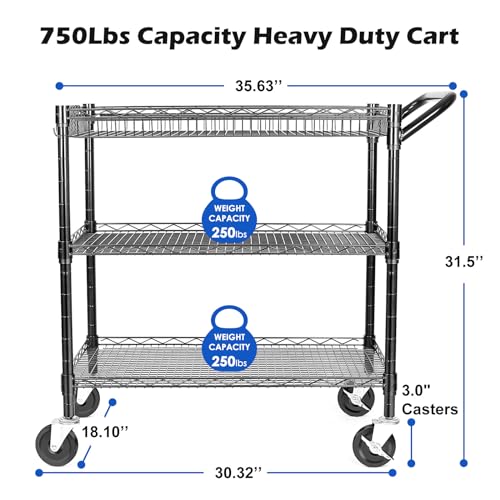 750lb Capacity Heavy Duty 3-Tier Wire Utility Cart with Wheels - Black
