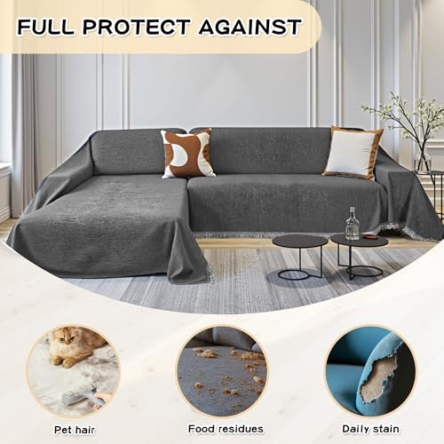 Dark Grey Couch Cover for Sectional Sofa - 2 Pieces, 71x118 Inches, Chenille Material - X-Large