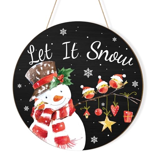 Wooden Christmas Door Wreath for Front Door Sign Snowman Wall Signs Door Decoration, Let It Snow Merry Christmas Sign Welcome Hanging for Home Wall Decor Xmas Party Outdoor indoor Supply