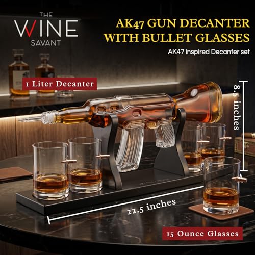 The Wine Savant Luxury AK47 Gun Decanter & Bullet Glasses Set - Whiskey, Bourbon, Tequila Gift for Men & Dad
