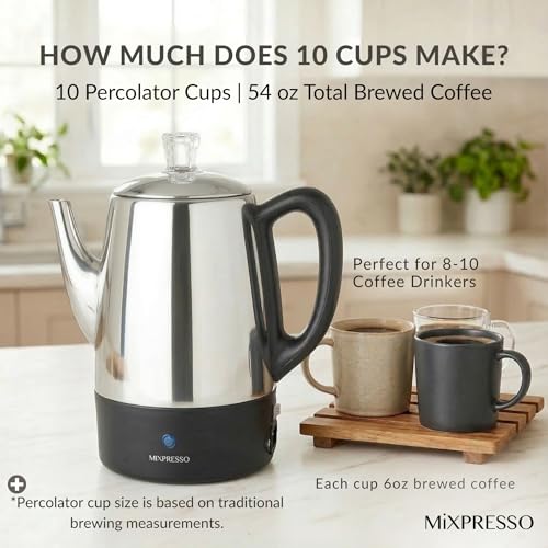 Mixpresso 10 Cup Electric Coffee Percolator Stainless Steel - Compact & Durable