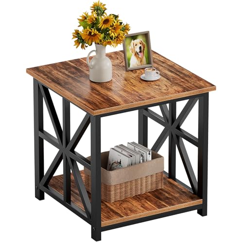 GreenForest Walnut 24-Inch Large End Table with X-Shaped Metal Frame, 2-Tier Storage